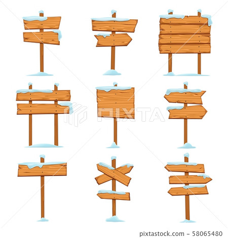 Cartoon snowed sign boards. Blank Christmas wooden signpost with snowcap. Direction street arrows Cartoon snowed sign boards. Blank Christmas wooden signpost with snowcap. Direction street arrows 58065480