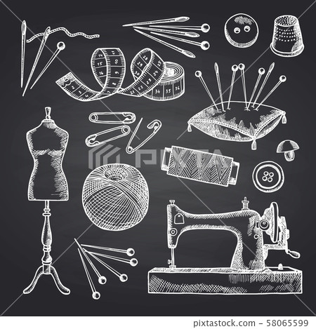 Vector set of hand drawn sewing elements on black chalkboard illustration Vector set of hand drawn sewing elements on black chalkboard illustration 58065599
