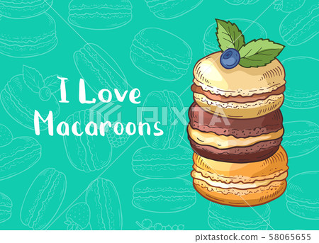 Vector background with colored hand drawn macaroons and place for text 58065655