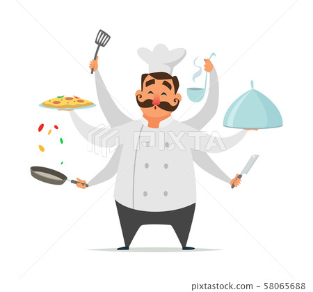 Multitasking chef cooking. Vector funny character isolate on white 58065688