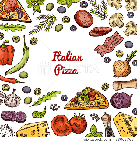 Vector hand drawn pizza ingridients and spices background with empty space in center for text 58065763