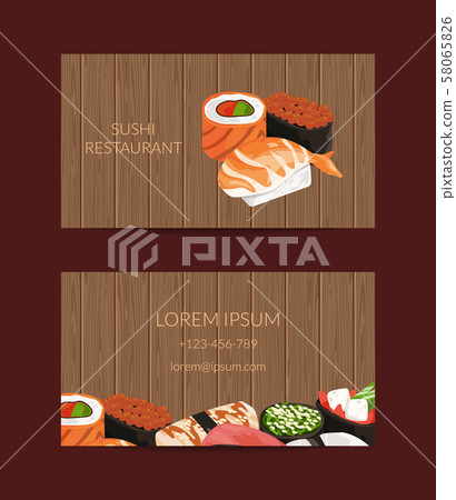 Vector business card templates in cartoon style for sushi restaurant or cooking lessons with wooden Vector business card templates in cartoon style for sushi restaurant or cooking lessons with wooden 58065826