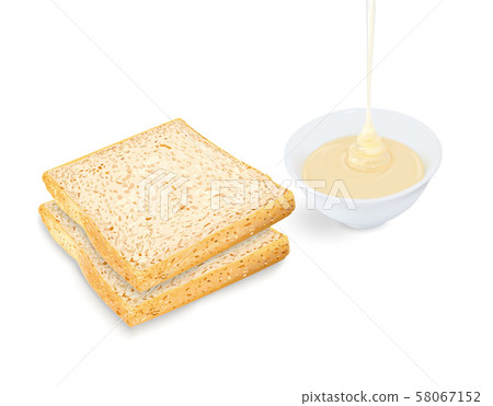Bread with pouring condensed milk in cup on white background. 58067152