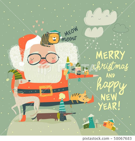 Santa Claus with cute cats and dogs 58067683