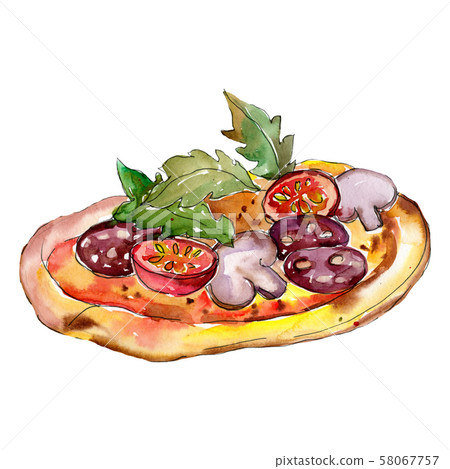 Fast food itallian pizza set. Watercolor background illustration set. Isolated pizza illustration Fast food itallian pizza set. Watercolor background illustration set. Isolated pizza illustration 58067757