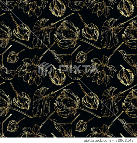 Vector Lotus floral botanical flower. Black and white engraved ink art. Seamless background pattern. 58068142