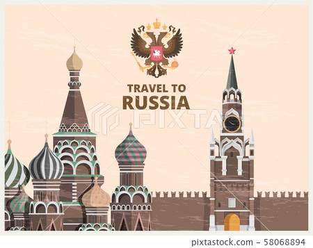 Vintage poster or travel card with illustrations of kremlin russian cultural landmarks Vintage poster or travel card with illustrations of kremlin russian cultural landmarks 58068894