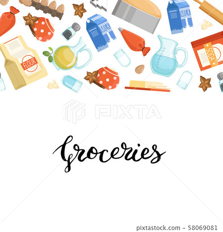 Vector cartoon cooking ingridients or groceries background illustration with lettering 58069081