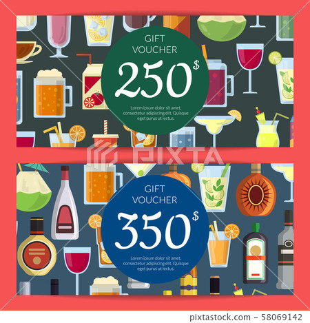 Vector gift voucher or discount card template with alcoholic drinks in glasses and bottles in flat Vector gift voucher or discount card template with alcoholic drinks in glasses and bottles in flat 58069142