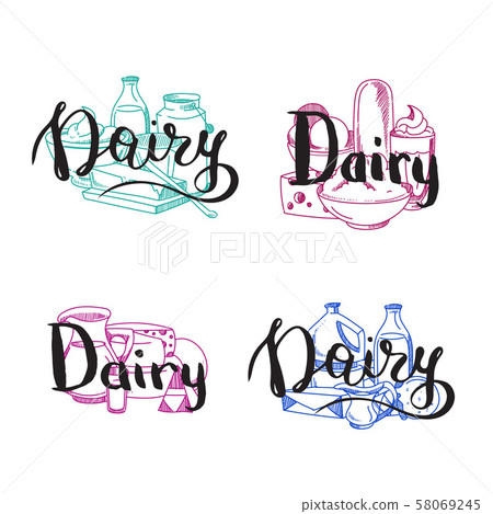 Vector piles of milk products set with dairy letterings 58069245