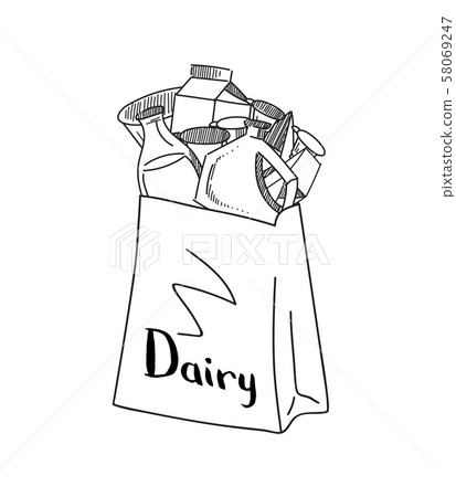 Vector sketched dairy products gathered in paper bag Vector sketched dairy products gathered in paper bag 58069247
