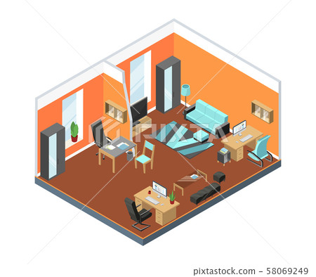 Modern office interior with comfortable workspaces. Tables, armchairs from leather and other Modern office interior with comfortable workspaces. Tables, armchairs from leather and other 58069249