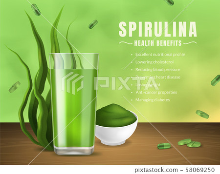 Realistic 3d Detailed Spirulina Product Ad Concept Card Background. Vector 58069250