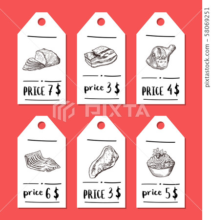 Vector tags with hand drawn monochrome meat elements Vector tags with hand drawn monochrome meat elements 58069251