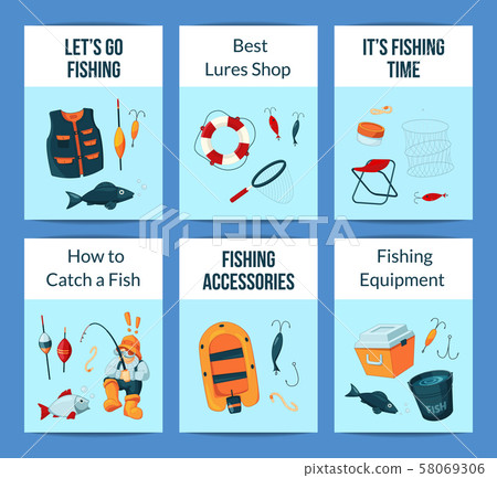 Vector card or flyer set with cartoon fishing equipment Vector card or flyer set with cartoon fishing equipment 58069306