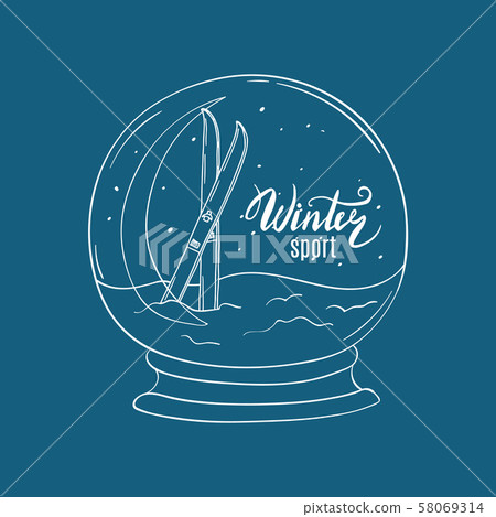 Vector hand drawn snowball with skis in snow 58069314