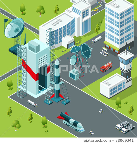 Launch pad of the spaceport. Isometric buildings 58069341