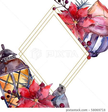 Christmas winter holiday symbol isolated. Watercolor background illustration set. Frame border 58069718