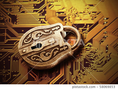 Computer security concept. Old mysterious padlock on computer circuit board  58069853