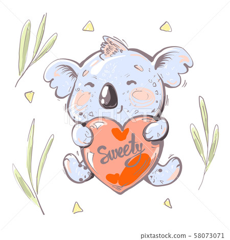 Cute baby Koala Bear holding red heart with word sweety, eucaliptus leaves 58073071