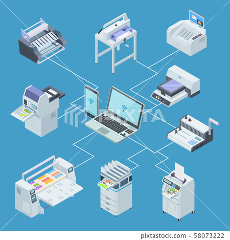 Modern printing house equipment. Printer plotter, offset cutting machines isometric vector concept Modern printing house equipment. Printer plotter, offset cutting machines isometric vector concept 58073222