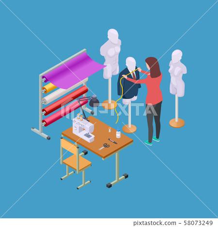 Sewing workshop, atelier and seamstress or designer isometric vector illustration 58073249
