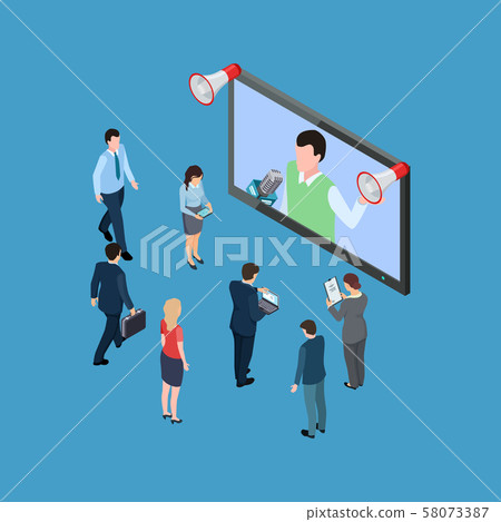 Business people with megaphones and TV show isometric vector illustration 58073387