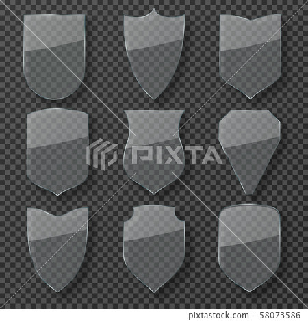 Glass safety shield. Transparent shiny protection shields. Guardian glass badges with refraction Glass safety shield. Transparent shiny protection shields. Guardian glass badges with refraction 58073586