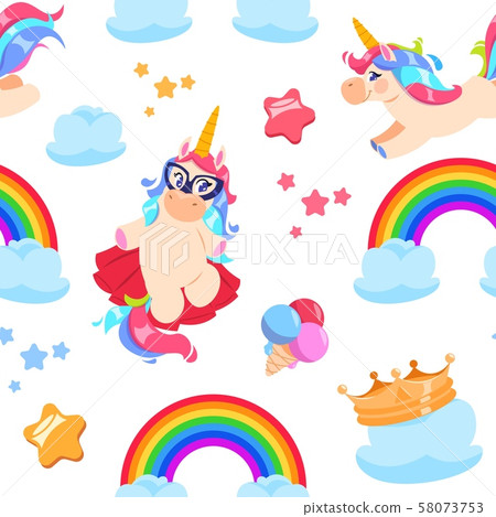 Cute unicorn seamless pattern. Baby pony, rainbow horse. Girl bedroom fairytale vector wallpaper 58073753