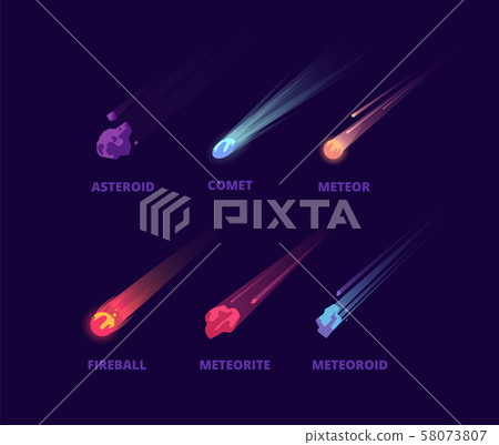 Comet asteroid and meteorite. Cartoon space objects. Atmospheric fireballs vector set 58073807