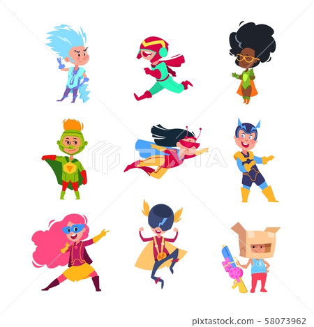 Superhero kids. Children wearing in superheroes costumes. Carton cosplay vector characters set Superhero kids. Children wearing in superheroes costumes. Carton cosplay vector characters set 58073962