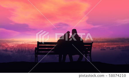 Couple on a bench looks at a winter landscape. 58074210