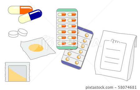 插圖的一組藥物，例如膠囊，片劑和散劑 58074681