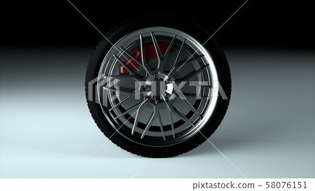 Modern and shiny car wheel on the surface, stylish object, 3d rendering computer generated backdrop Modern and shiny car wheel on the surface, stylish object, 3d rendering computer generated backdrop 58076151