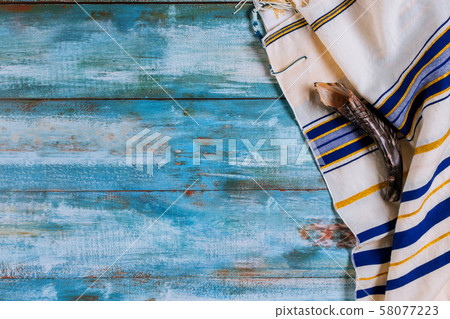 Shofar horn and tallit jewish holiday with Shofar horn and tallit jewish holiday with 58077223