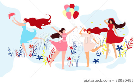 Girls Group in Dresses Spending Time on Lawn. 58080495