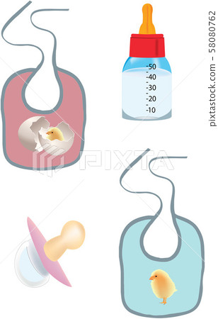 bib and colored bottle with images for babies 58080762