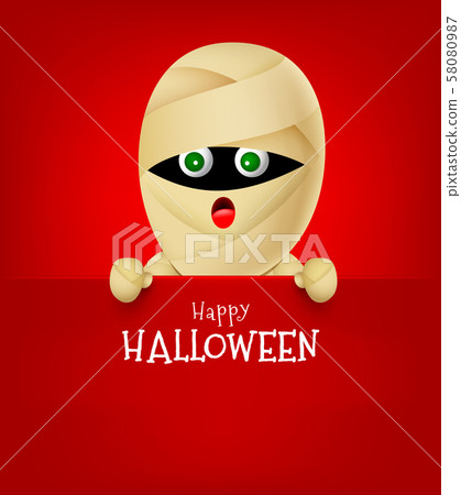 Cartoon mummy holding blank paper banner for text. Cartoon mummy holding blank paper banner for text. 58080987