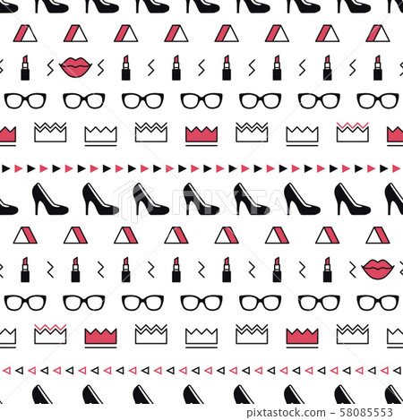 Fashion accessories pattern with black high heel shoes, lips, lipstick, sunglasses and geometric Fashion accessories pattern with black high heel shoes, lips, lipstick, sunglasses and geometric 58085553