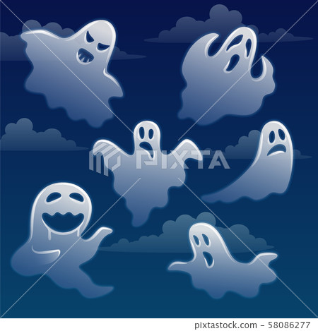 Set of ghosts with different emotions on sky with clouds 58086277