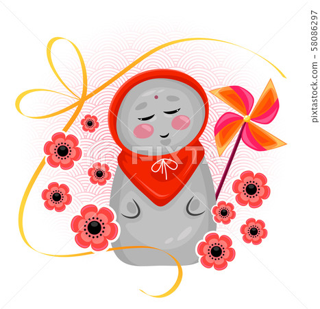 Cute figurine of jizo, the Japanese god of children and travelers, with his red bib and a toy pinwheel Cute figurine of jizo, the Japanese god of children and travelers, with his red bib and a toy pinwheel 58086297