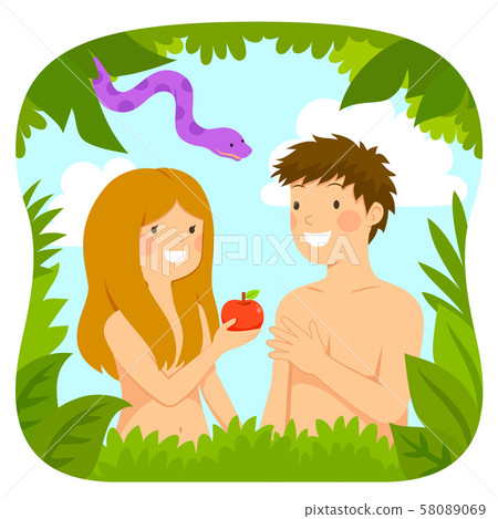 Happy Adam and Eve from the bible with an apple and the snake 58089069