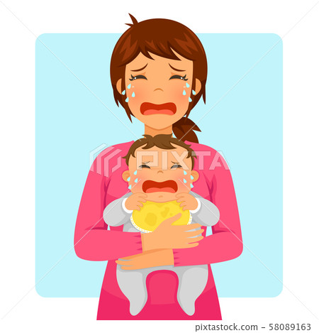 Young mother crying while holding her crying baby 58089163