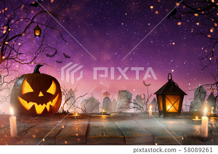 Halloween pumpkins on dark spooky forest. Halloween pumpkins on dark spooky forest. 58089261