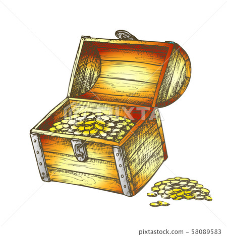 Treasure Chest Piles Of Coins Around Color Vector Treasure Chest Piles Of Coins Around Color Vector 58089583