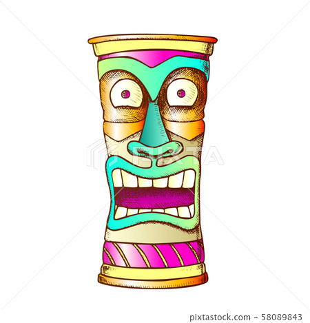 Tiki Idol Carved Wood Crazy Laugh Totem Color Vector 58089843