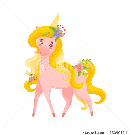 Pink Unicorn Female With Flowers In Hair Vector Illustration Pink Unicorn Female With Flowers In Hair Vector Illustration 58090114
