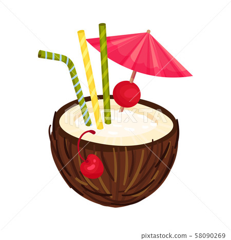 Coconut Cocktail With Maraschino Cherry, Three Straws And Red Umbrella Vector Illustration 58090269