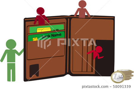 paper holder with colorful people around and coins paper holder with colorful people around and coins 58091339