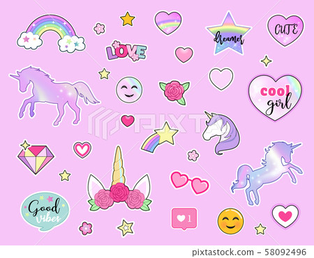 Set of colorful stickers with unicorns, rainbows, flowers and hand drawn lettering quotes. Vector. 58092496